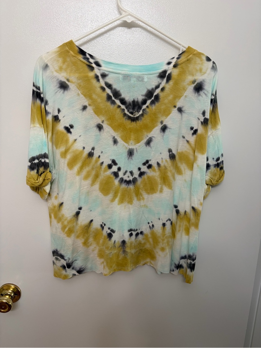 Young Fabulous & Broke- Gold, Black  and Aqua Tie-Dye V-Neck Top with raw hem
